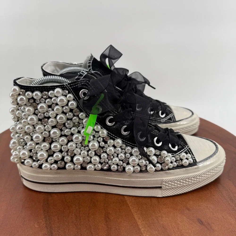Nan-Ku Couture‎ Pearl Rhinestone Embellished High Top Sneakers Black Womens 39